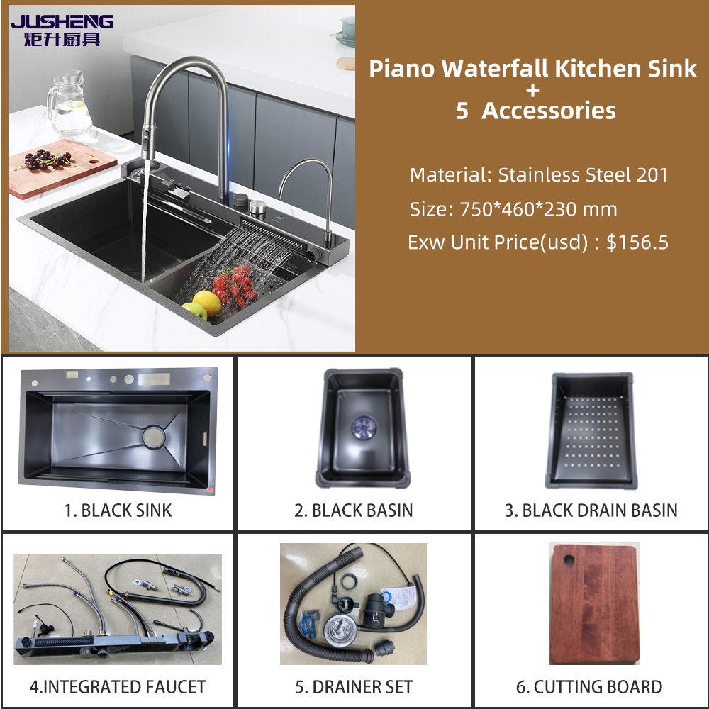Piano  Waterfall Ktchen Sink + 5 Accessories-3